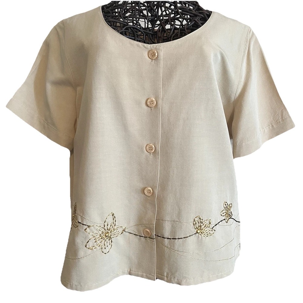 VTG Embroidered Button Up Linen Blend Top S Floral‎ Beaded Neutral Cottagecore